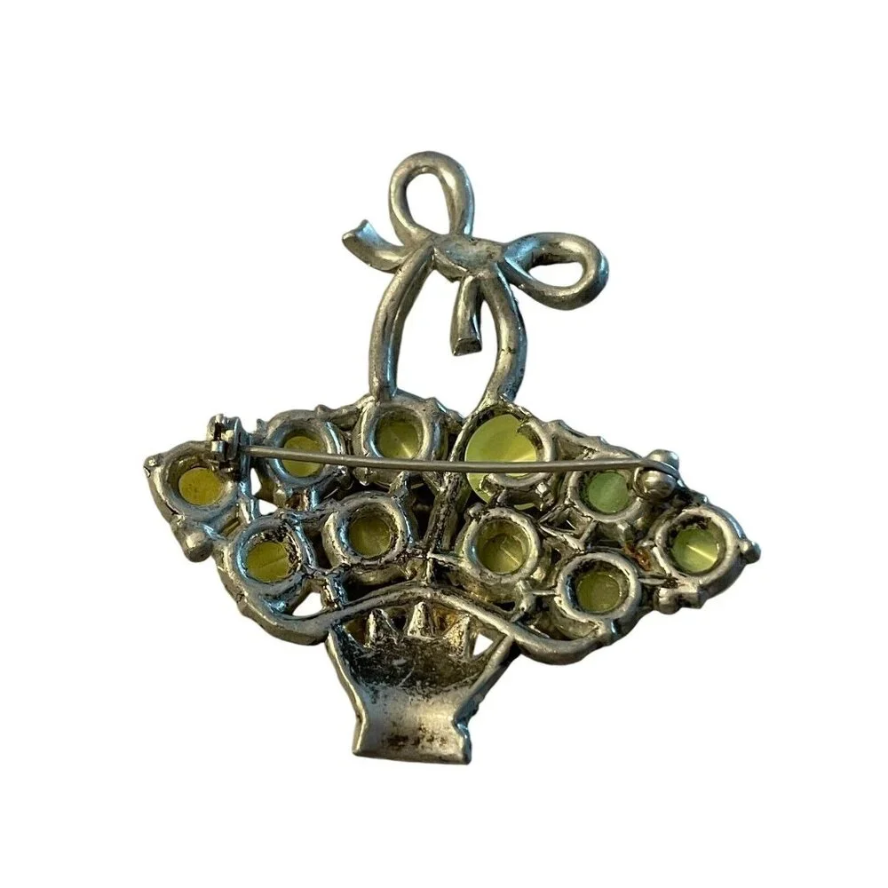 CORO Unsigned Yellow Moonstone Lucite Basket‎ Brooch Rhinestones Vintage READ